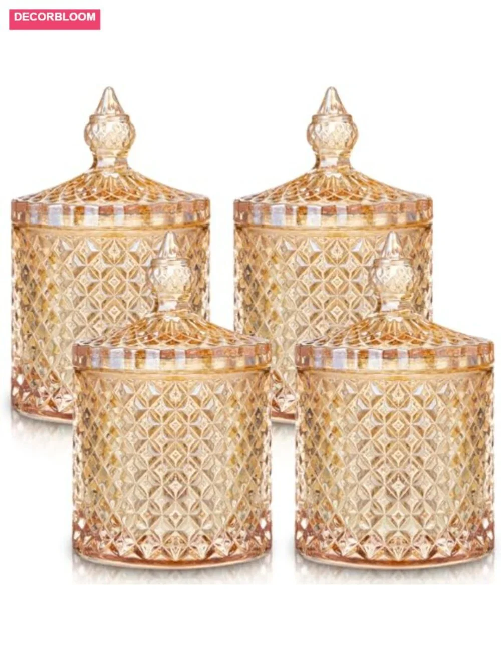 4 Crystal Glass Candy Jar Set with Lids - Home Decorative Storage Jars for
